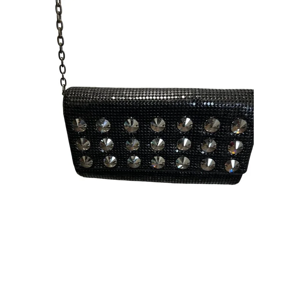 Whiting & Davis Black Rhinestone Evening Chain Clutch Metal Mesh Satin Interior